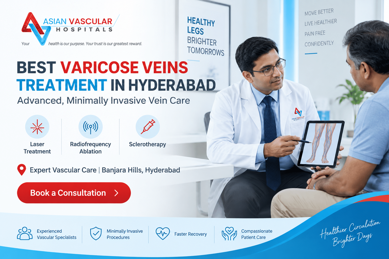Doctor consulting a patient for advanced varicose veins treatment at Asian Vascular Hospitals in Banjara Hills, Hyderabad.