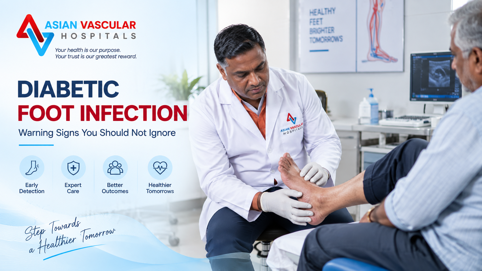 Vascular specialist examining a patient for diabetic foot infection symptoms at Asian Vascular Hospitals in Hyderabad.
