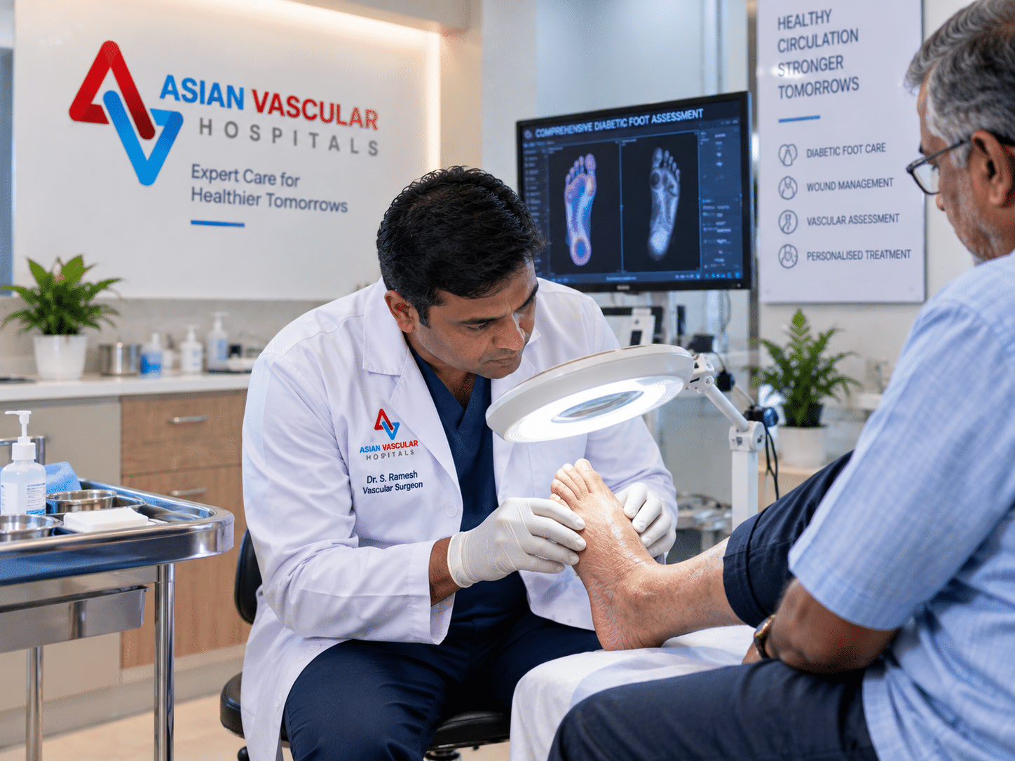 Clinical evaluation of a non-healing diabetic foot ulcer and tissue infection check in Hyderabad.