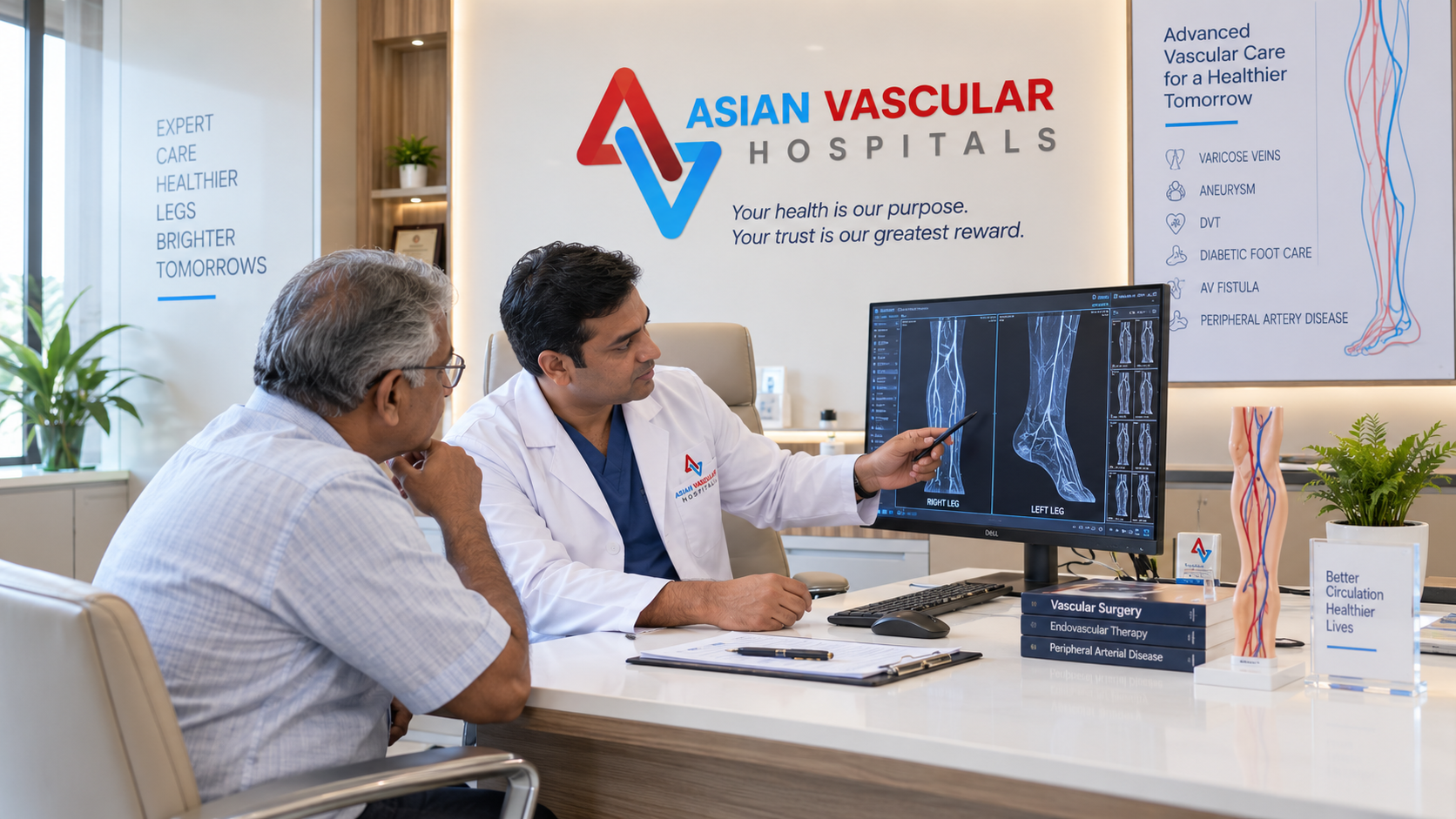 Vascular specialist consulting a patient regarding diabetic foot surgery options at Asian Vascular Hospitals in Banjara Hills, Hyderabad.