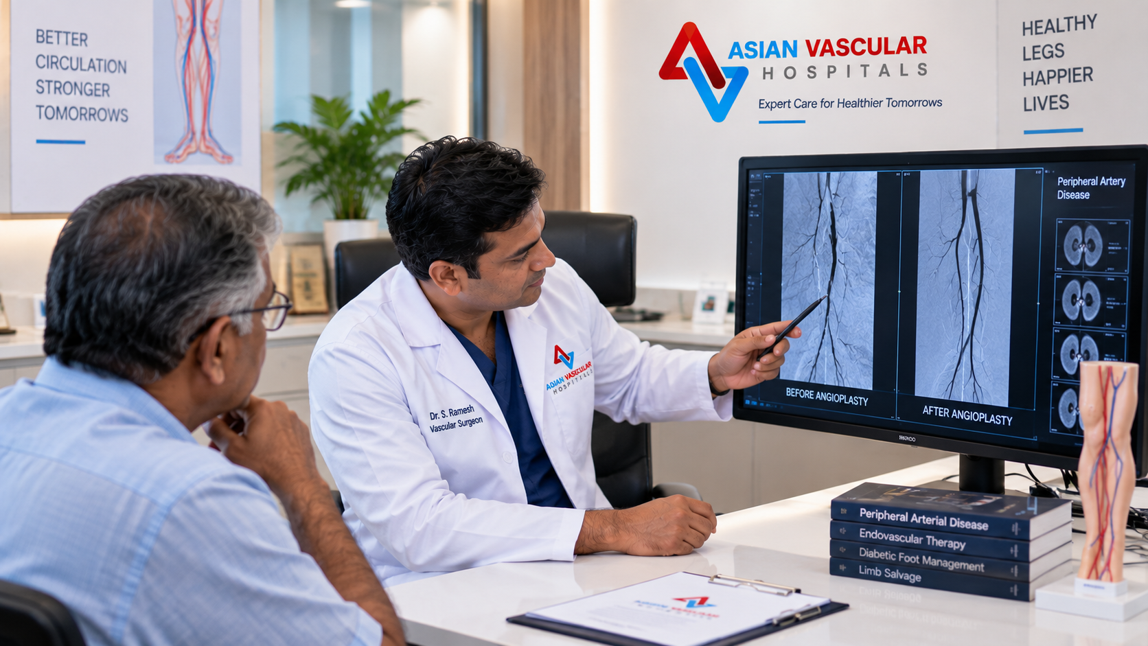 Vascular specialist reviewing peripheral artery disease scans for angioplasty treatment at Asian Vascular Hospitals in Banjara Hills, Hyderabad.