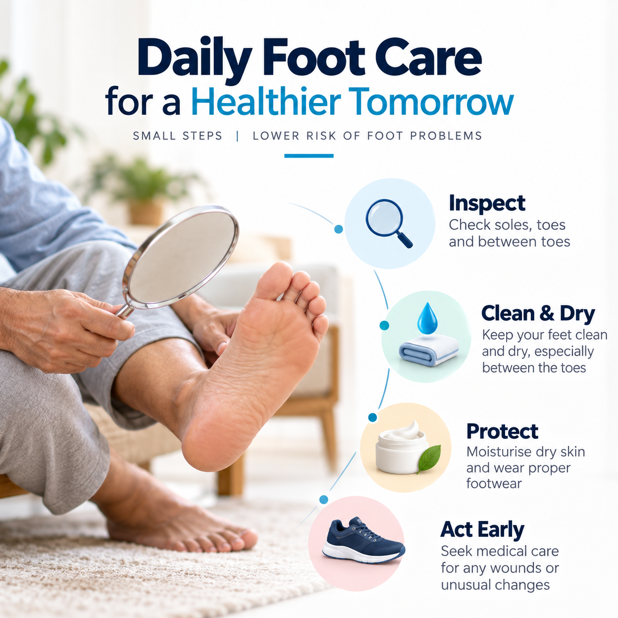 Medical infographic showing daily diabetic foot care steps including inspection, cleaning, skin care and protective footwear to help prevent foot ulcers.