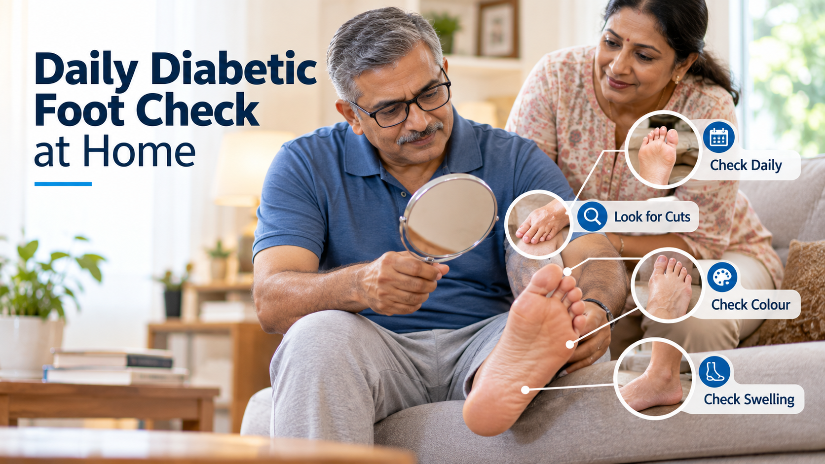 Person with diabetes checking the foot daily for cuts, swelling, skin colour changes and other warning signs.