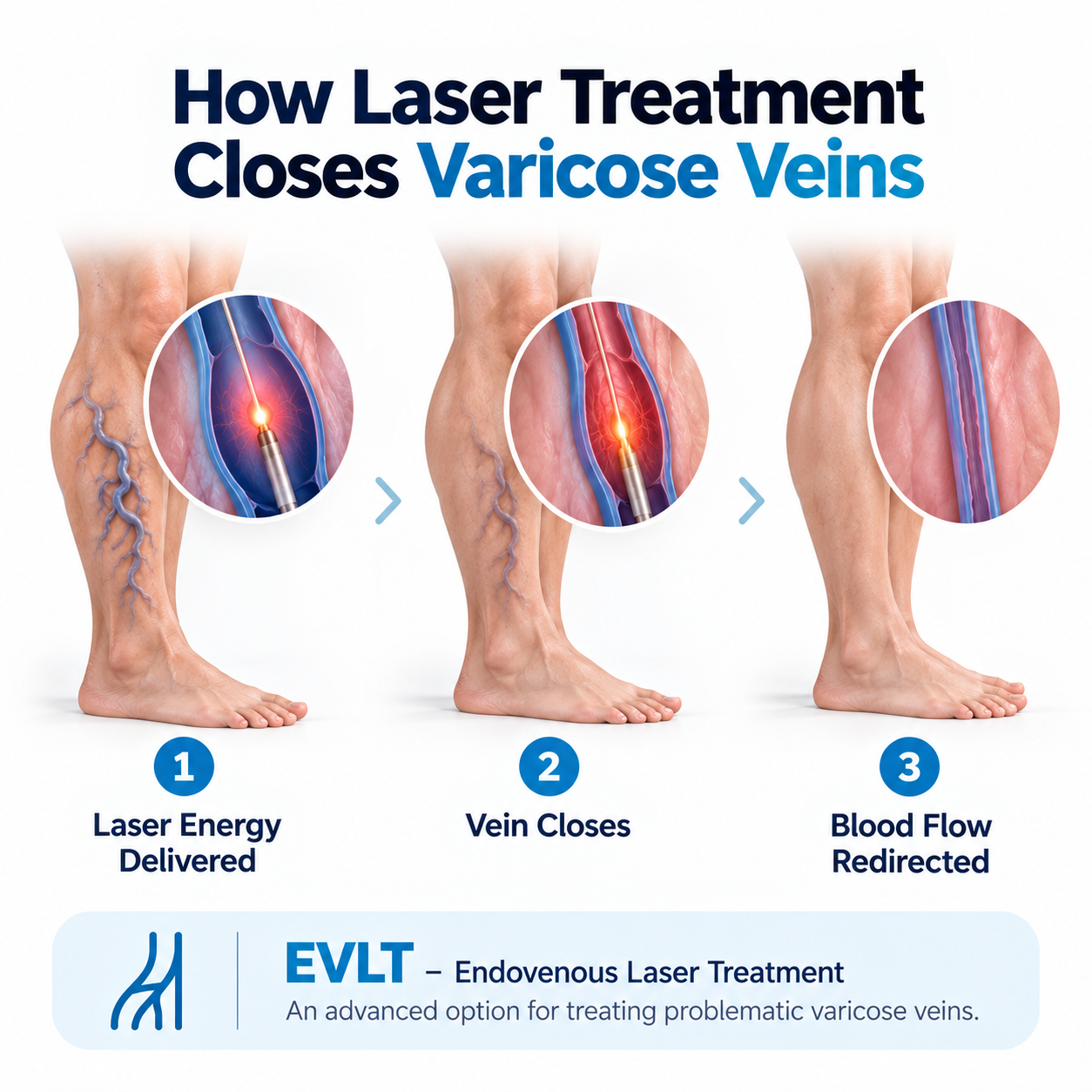 Endovenous laser treatment showing how laser energy closes varicose veins and redirects blood flow