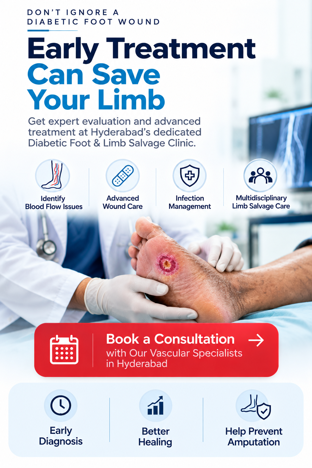 Early diabetic foot wound treatment and limb salvage care by vascular specialists in Hyderabad