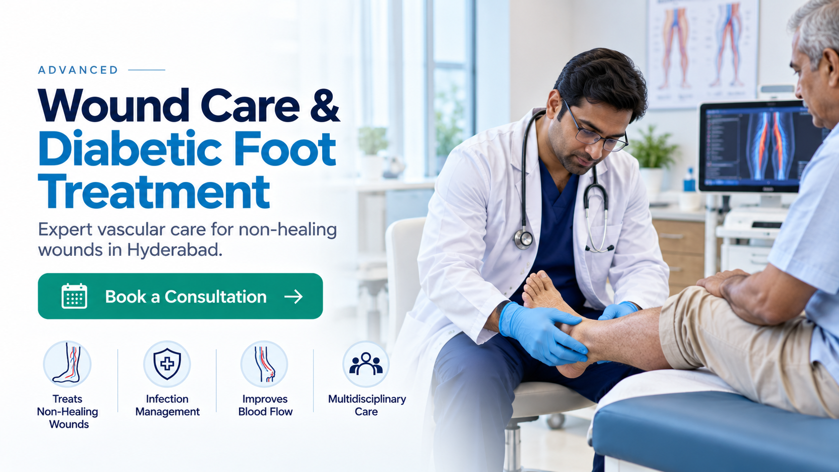 Vascular specialist examining a patient for diabetic foot and non-healing wound care in Hyderabad.