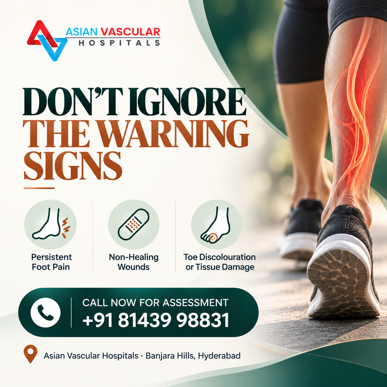 Medical illustration showing warning signs of chronic limb-threatening ischemia, including foot pain, a non-healing wound and toe discolouration.