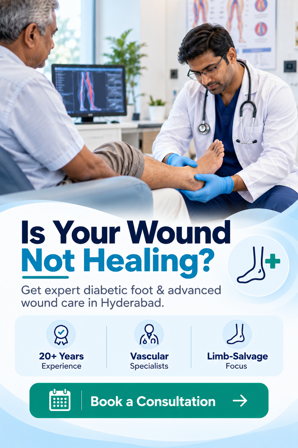 Vascular specialist examining a patient for a non-healing diabetic foot wound at a wound care clinic in Hyderabad.