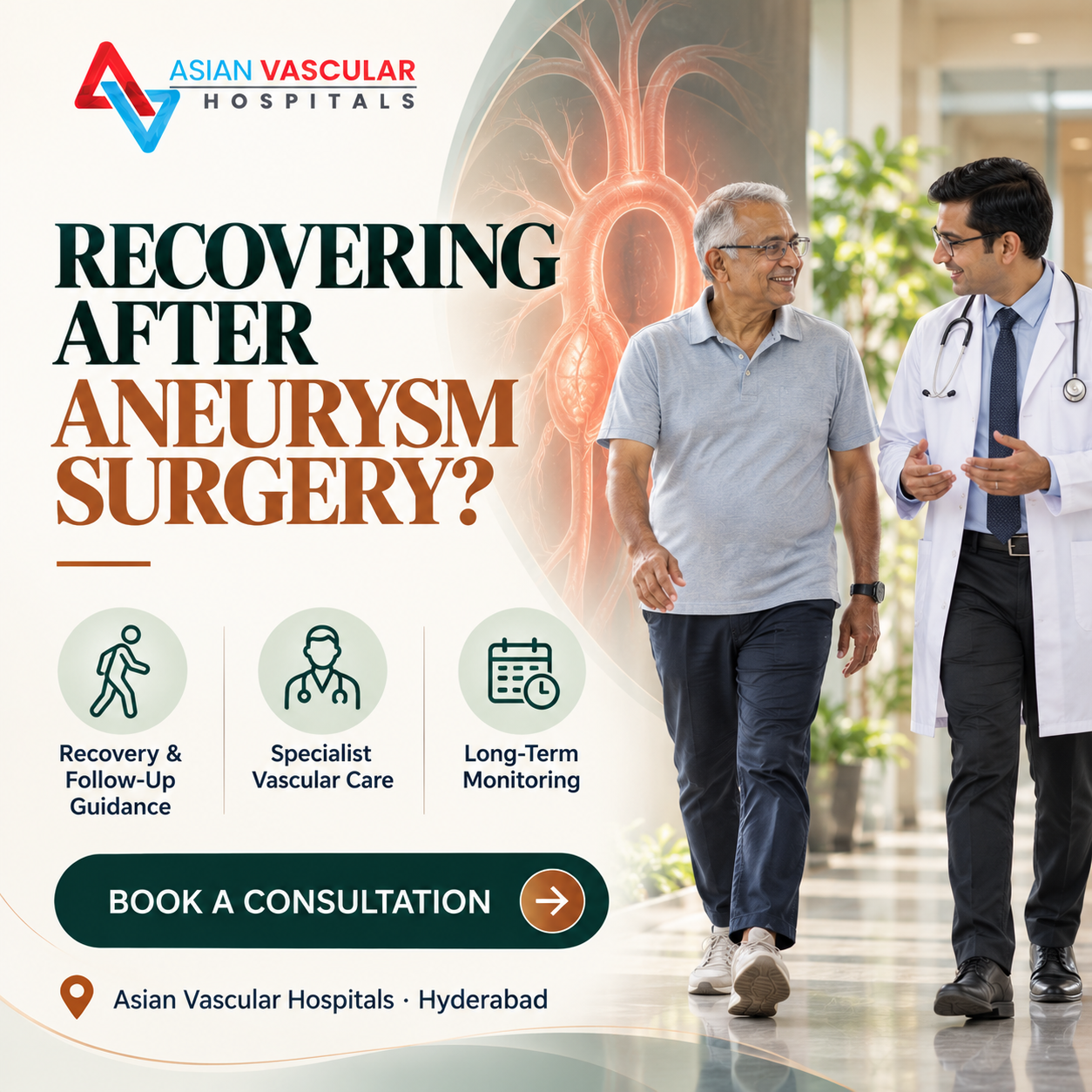 Patient discussing recovery and follow-up after aneurysm surgery with a vascular specialist at Asian Vascular Hospitals in Hyderabad.
