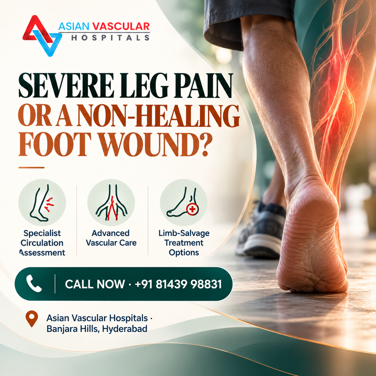 Vascular specialist assessing a patient with a non-healing foot wound and suspected reduced leg circulation at Asian Vascular Hospitals in Hyderabad.