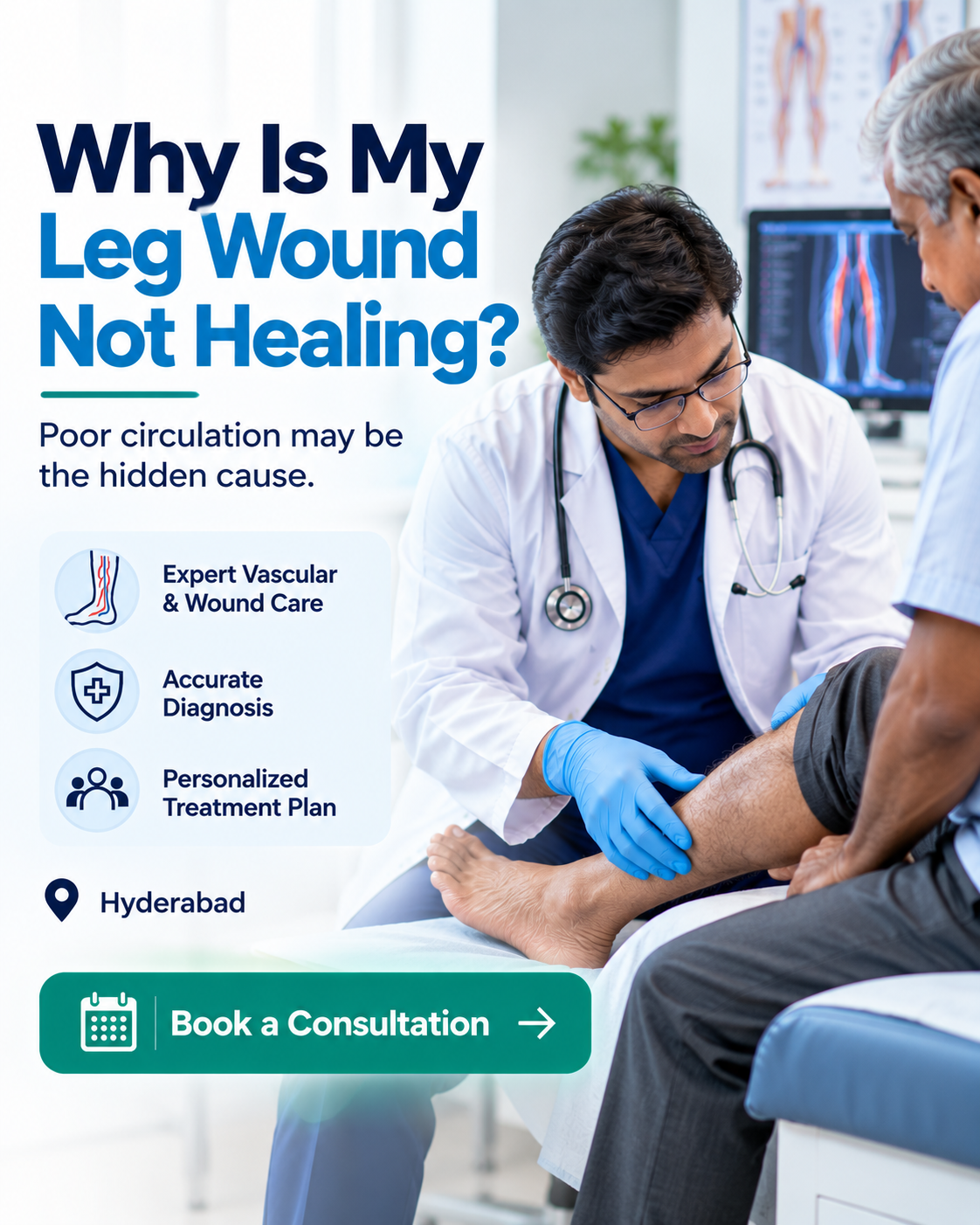 Vascular specialist examining a patient with a non-healing leg wound in Hyderabad.