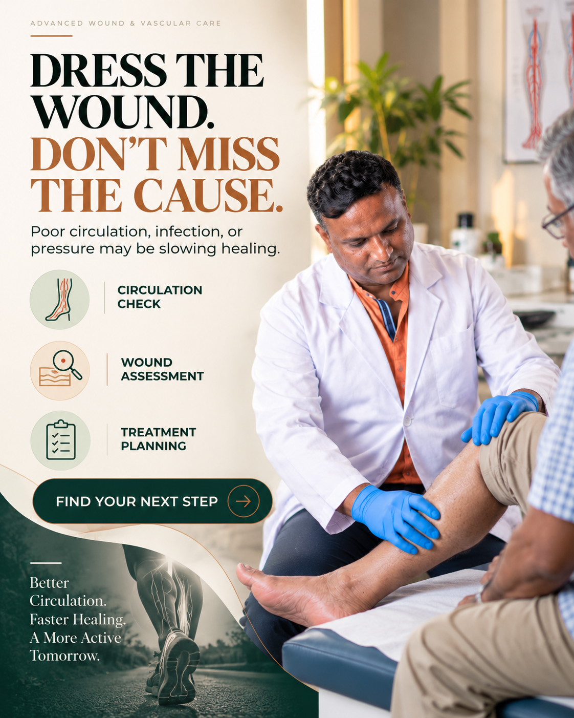 Vascular specialist assessing leg blood flow with Doppler ultrasound as part of chronic wound evaluation in Hyderabad.