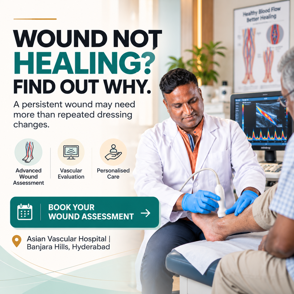 Vascular specialist examining a patient with a non-healing leg wound at Asian Vascular Hospital in Hyderabad.